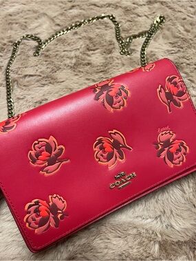 COACH Callie Foldover Chain Clutch in Red Leather with Floral Print